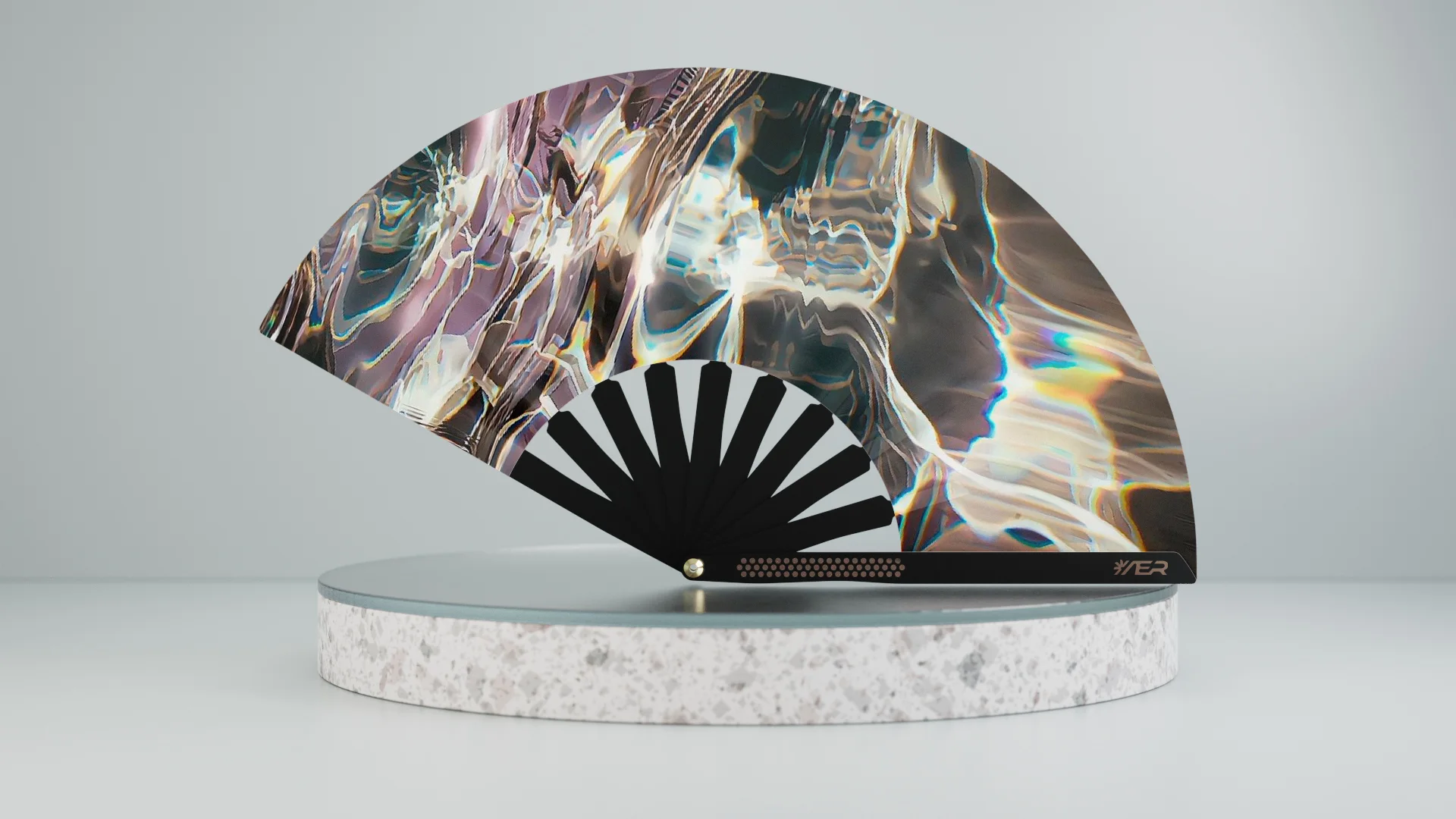 AER fan with iridescent liquid artwork