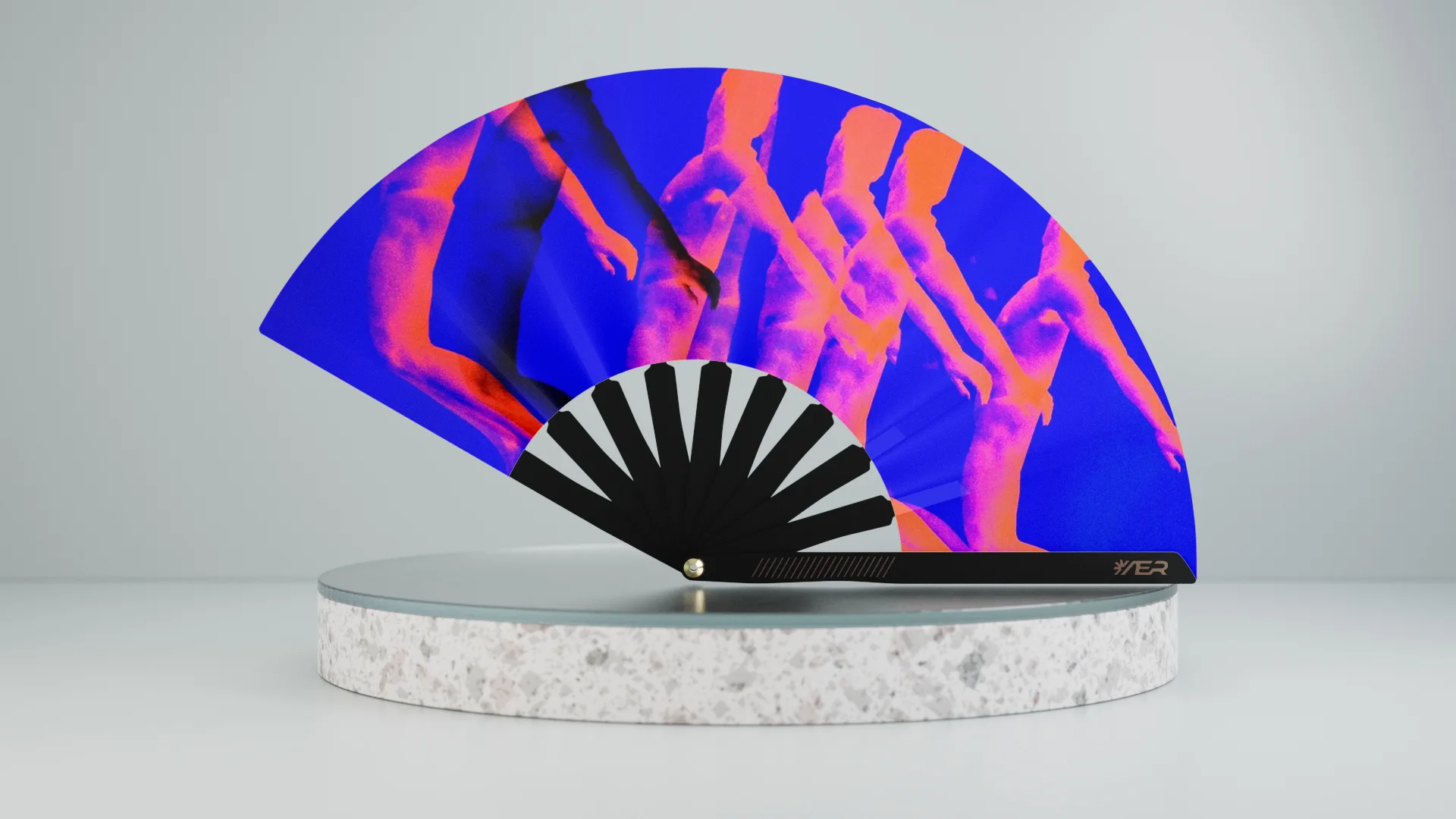 AER fan with vivid blue and coral figurative artwork