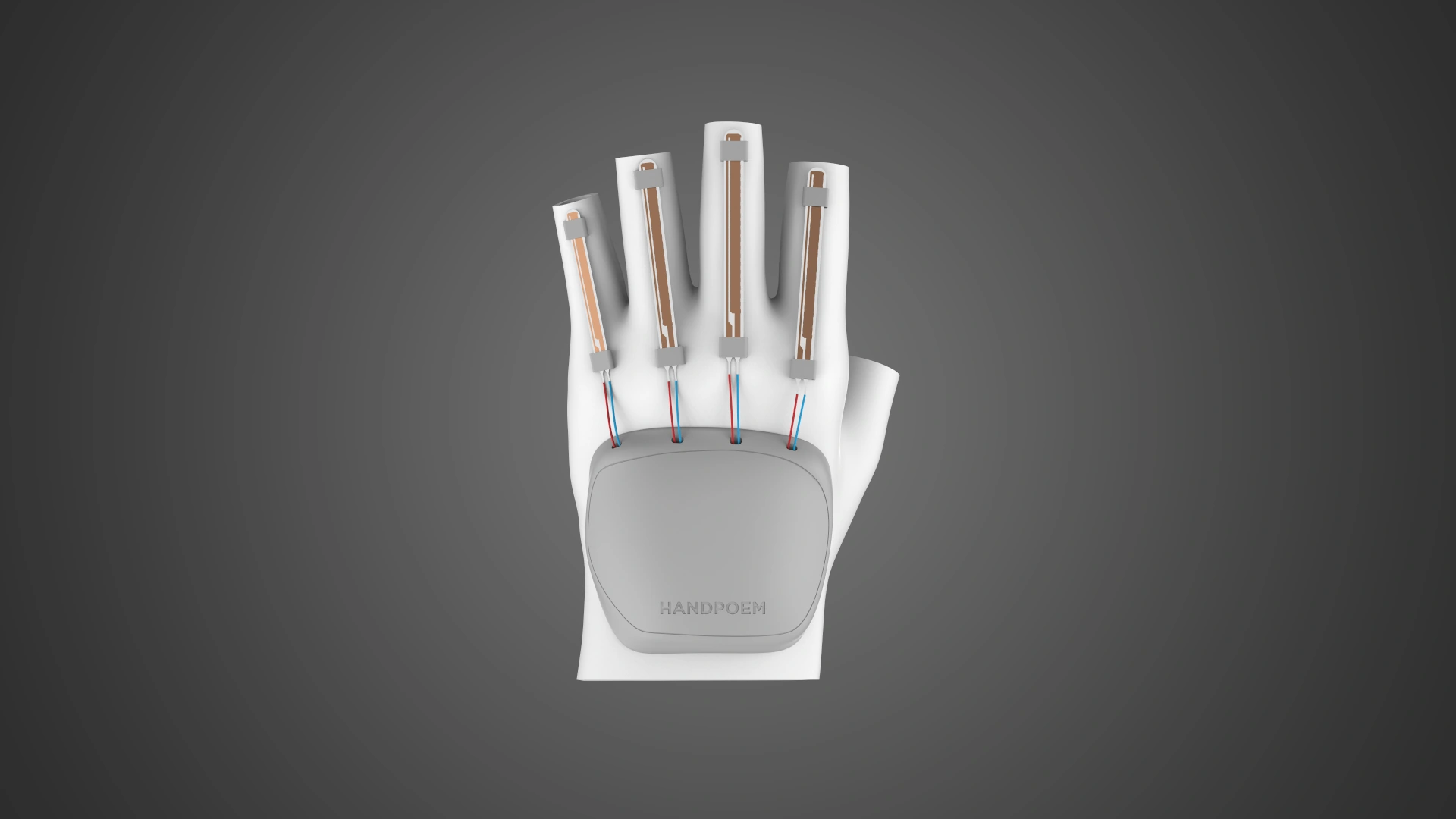 Front view of the Handpoem glove and finger sensing elements