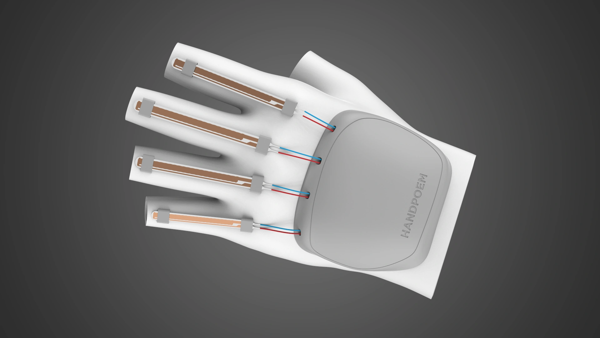 Complete Handpoem glove with its electronics housing closed