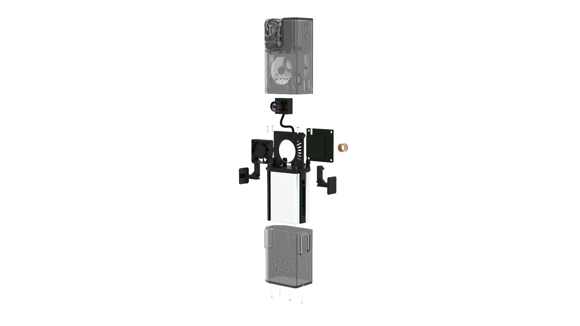 Exploded Piip Camo system showing its enclosure and internal hardware architecture
