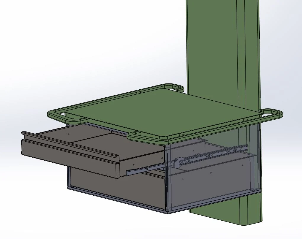 CAD view of the equipment enclosure with its lower drawer open