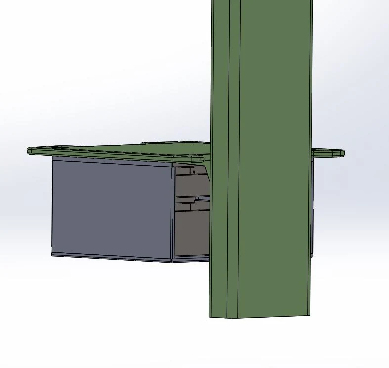 Rear CAD view showing the enclosure relationship to the workstation column