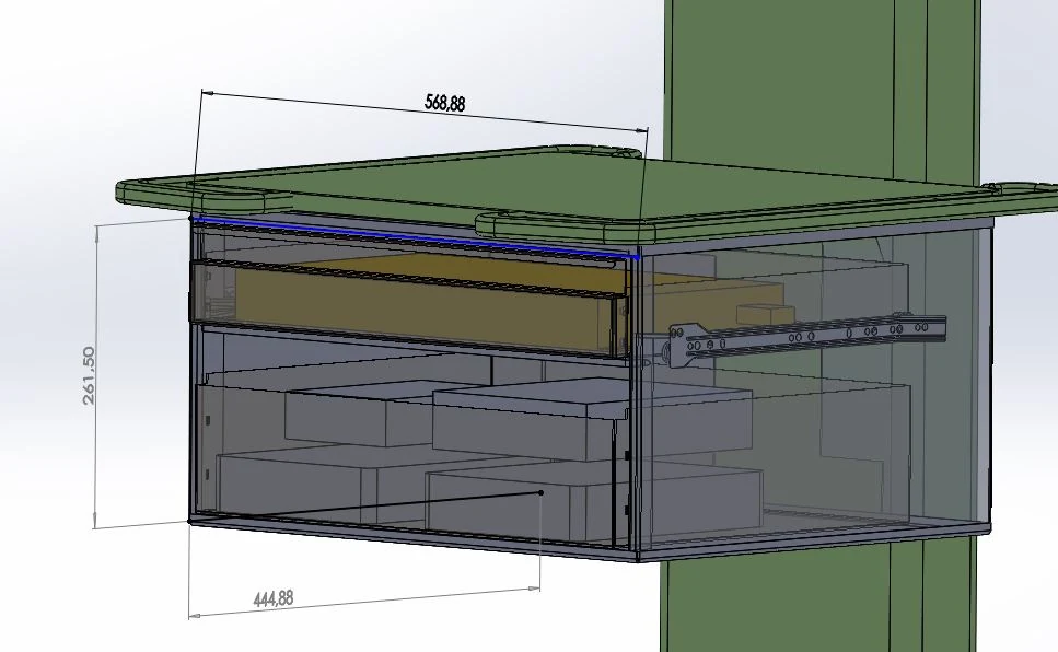 Transparent dimensional engineering view of the complete drawer enclosure