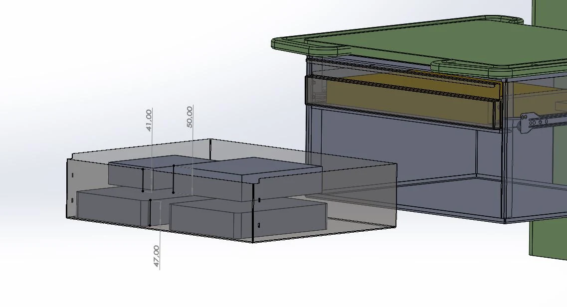 Detailed CAD packaging study of hardware in the lower drawer