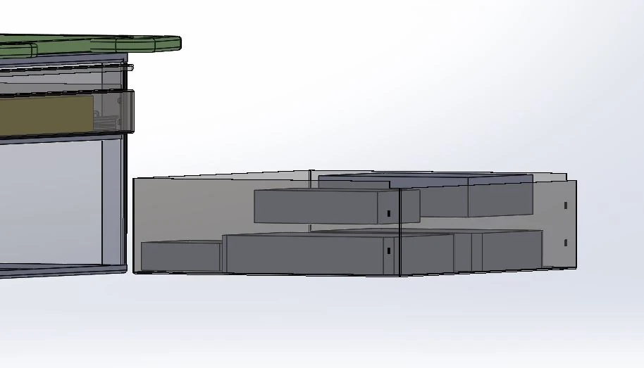 Side-view CAD study of component clearances in the lower drawer